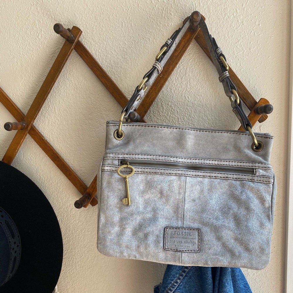Fossil brand silver shimmer leather handbag